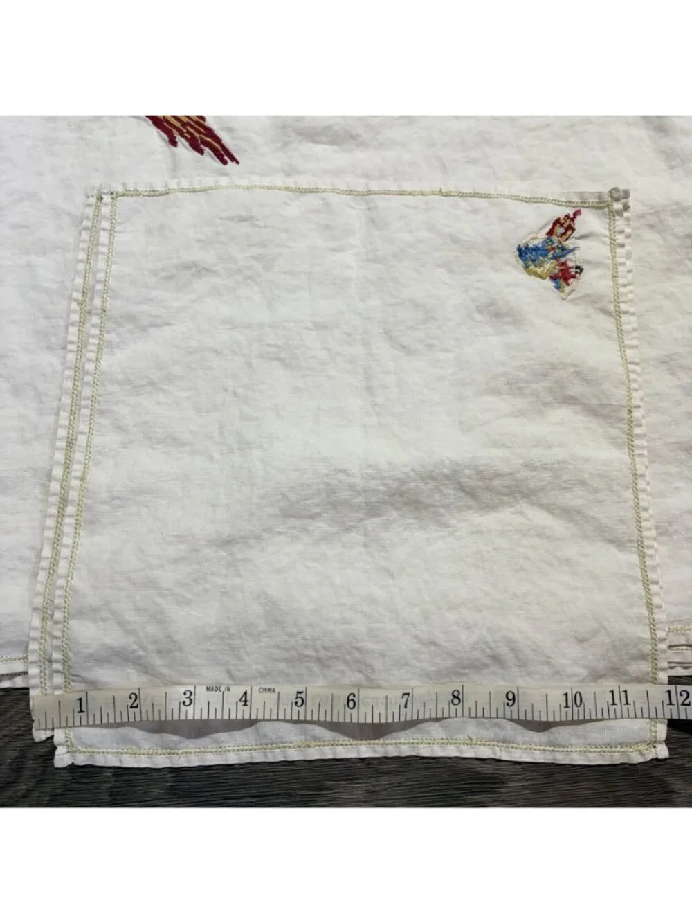 Vintage White Linen Tablecloth Napkins Hand Stitched Parrot Embroidery Tropical